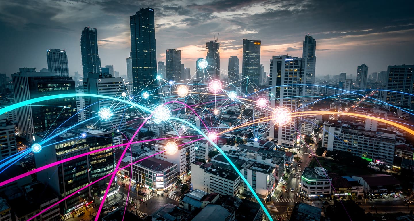 Abstract data network over Southeast Asian city skyline at dusk