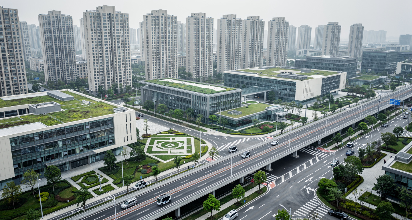 Aerial view of integrated campus district with residential, R&D, and infrastructure zones, Shenzhen