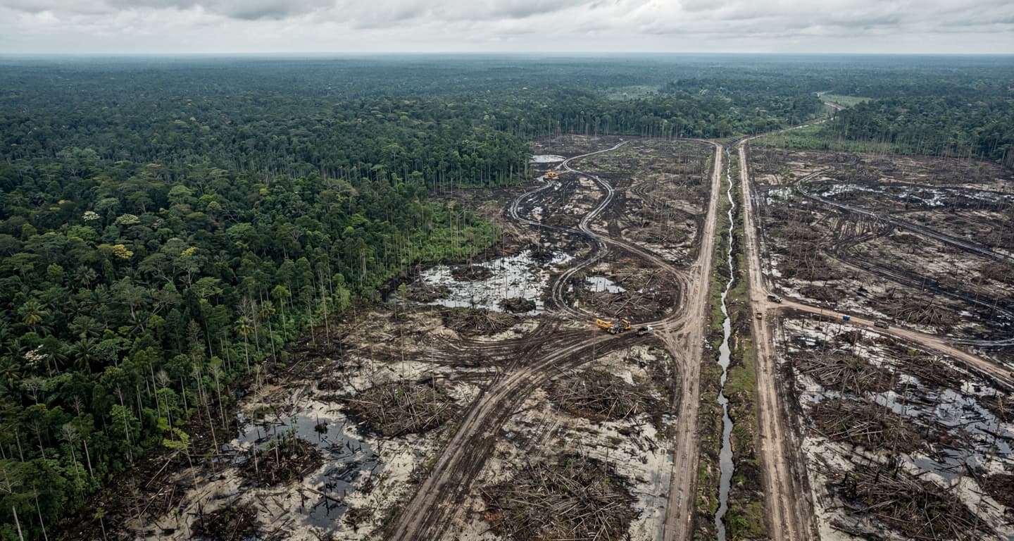 Aerial view of cleared peat swamp forest in Merauke, South Papua, Indonesia