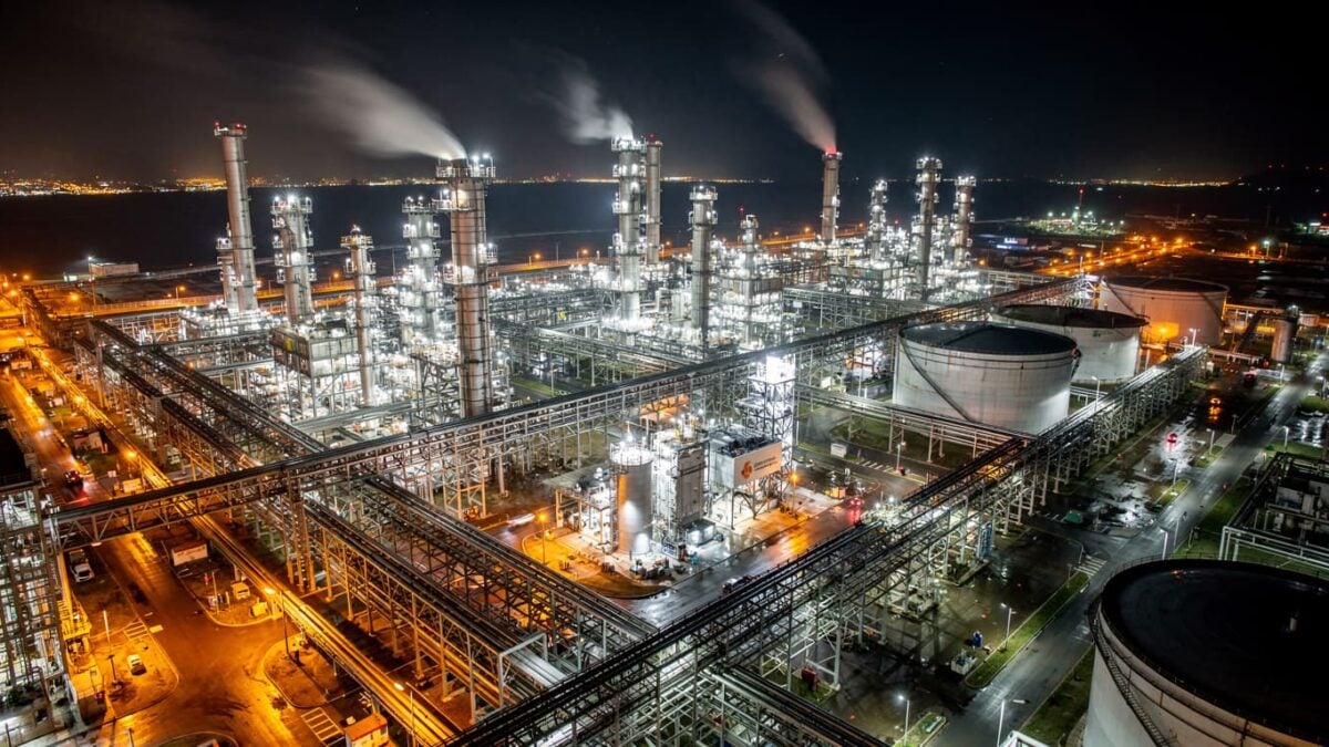 Aerial view of a petrochemical complex at night in Ulsan, South Korea