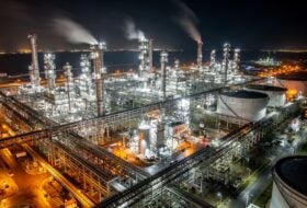 Aerial view of a petrochemical complex at night in Ulsan, South Korea