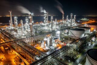 Aerial view of a petrochemical complex at night in Ulsan, South Korea