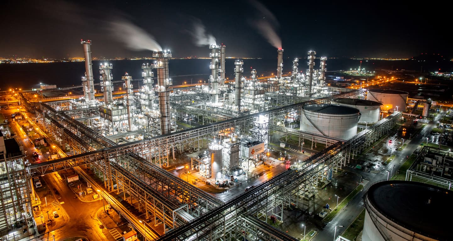 Aerial view of a petrochemical complex at night in Ulsan, South Korea