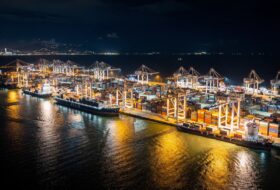 Container port at night, Manila Bay, Philippines