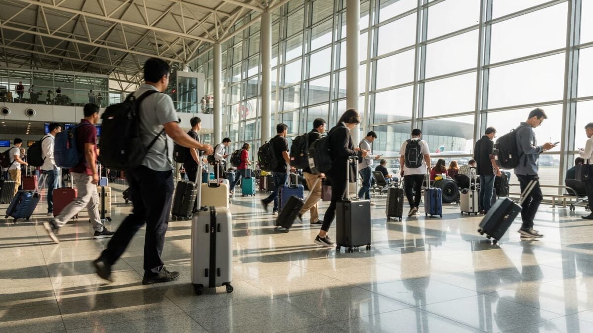 Busy airport terminal with diverse travellers in Southeast Asia