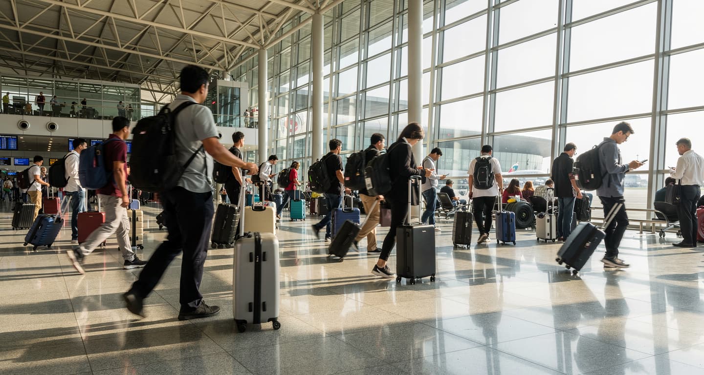 Busy airport terminal with diverse travellers in Southeast Asia