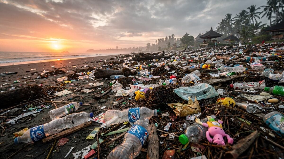 Plastic waste covering a beach in Bali, Indonesia during monsoon season