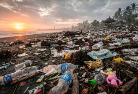 Plastic waste covering a beach in Bali, Indonesia during monsoon season
