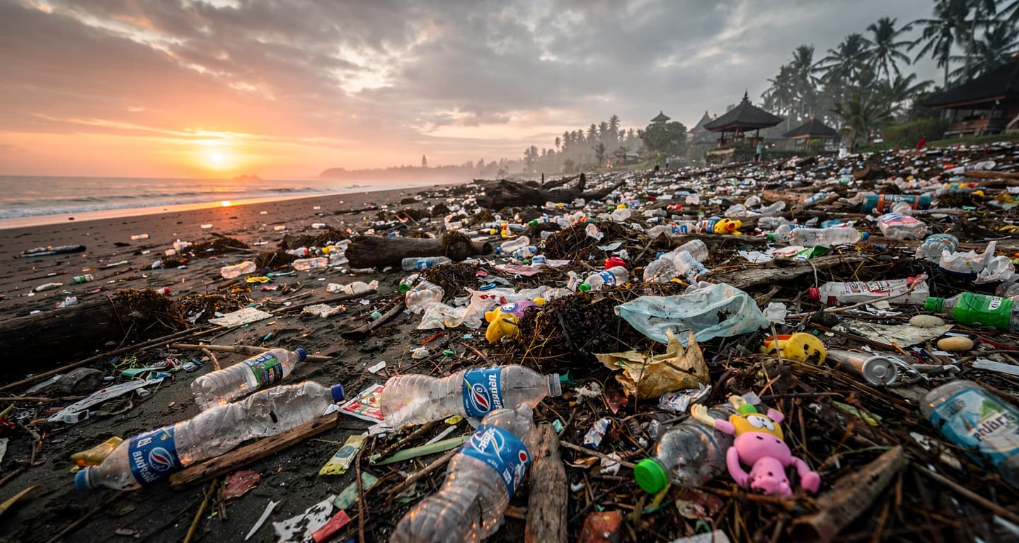 Plastic waste covering a beach in Bali, Indonesia during monsoon season