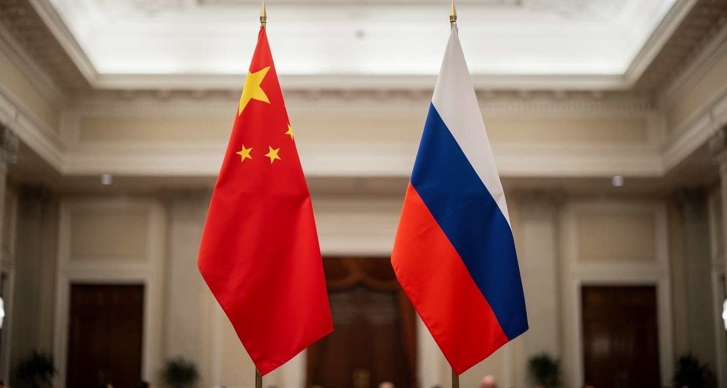 Chinese and Russian flags in a formal hall, symbolizing deepened bilateral ties