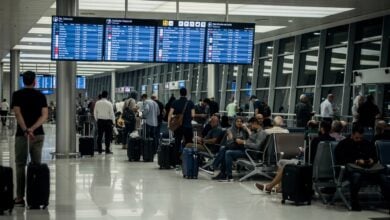 Busy airport transit lounge in a Middle Eastern hub