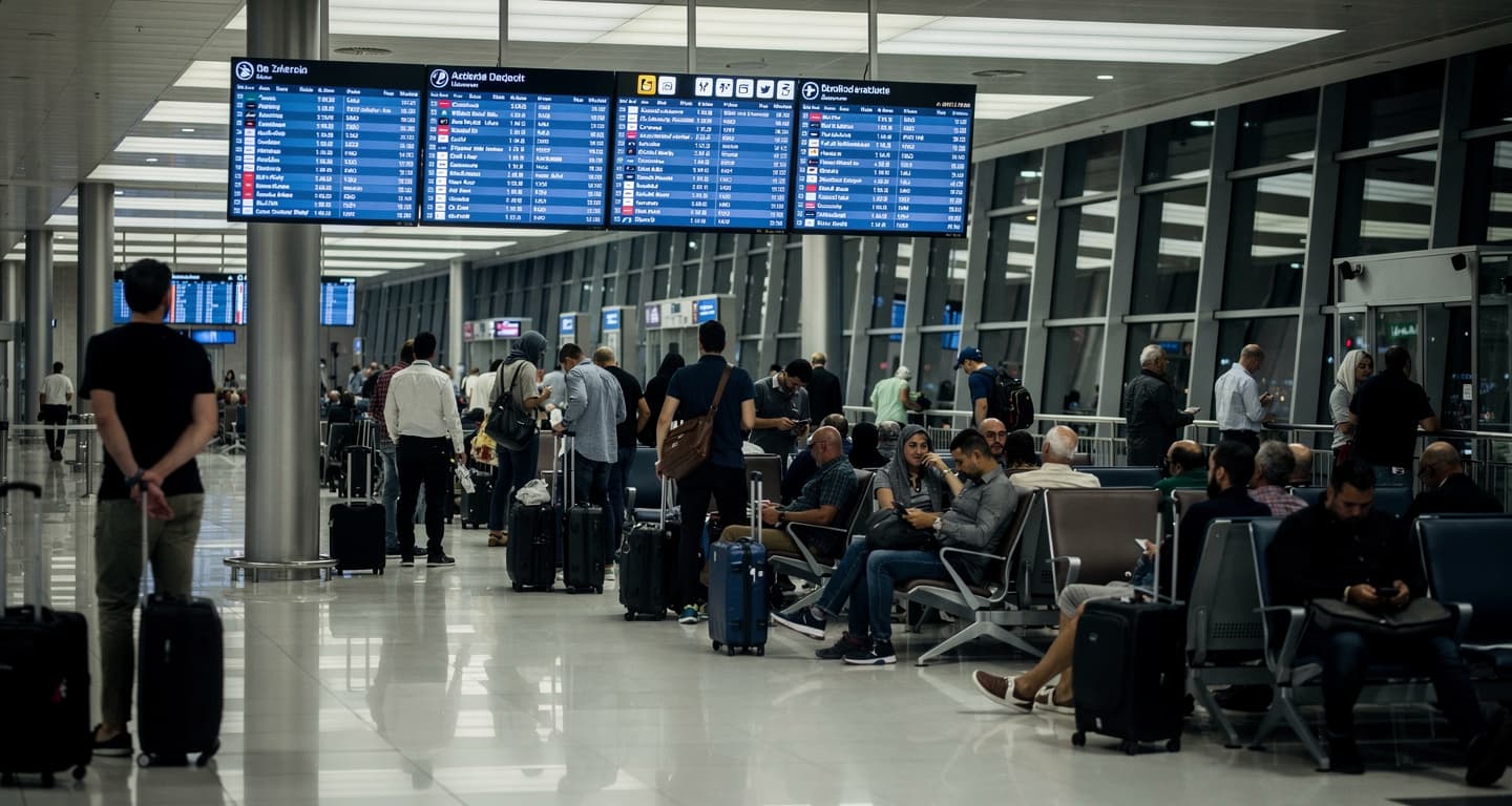 Busy airport transit lounge in a Middle Eastern hub