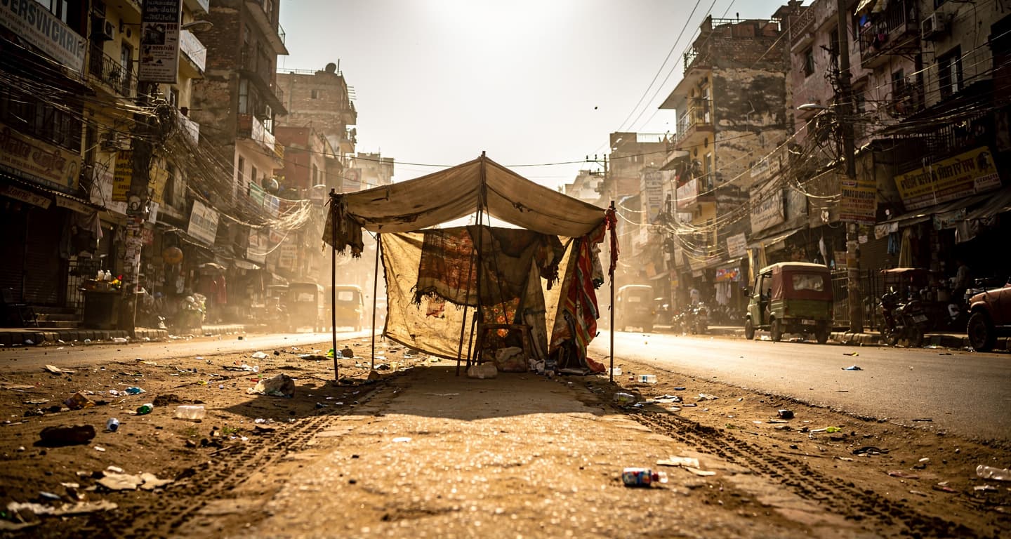 Makeshift cooling tent on a dusty street in New Delhi, India, under harsh sun