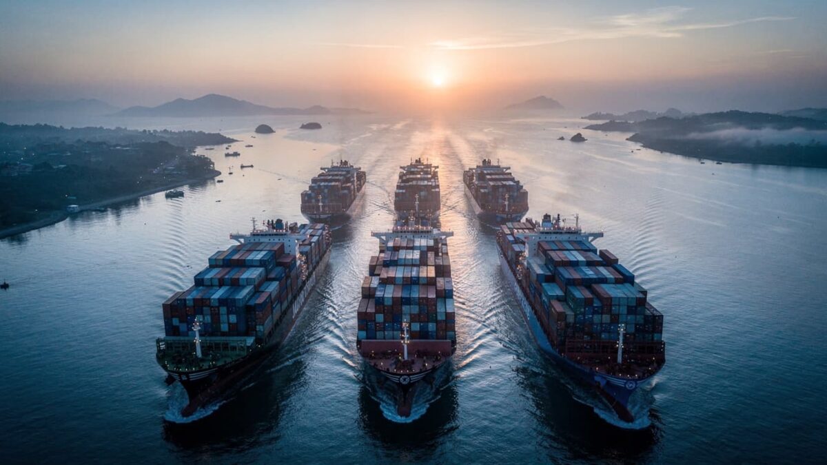 Container ships in the Strait of Malacca at dawn