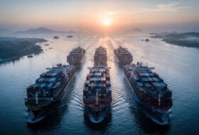 Container ships in the Strait of Malacca at dawn