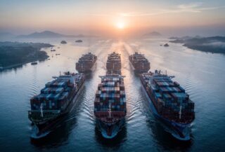 Container ships in the Strait of Malacca at dawn