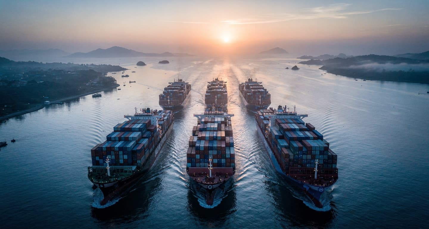 Container ships in the Strait of Malacca at dawn