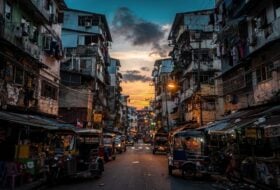 Dense residential buildings in Metro Manila, Philippines, at dusk