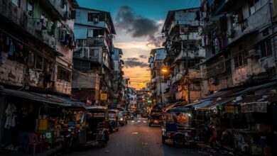 Dense residential buildings in Metro Manila, Philippines, at dusk