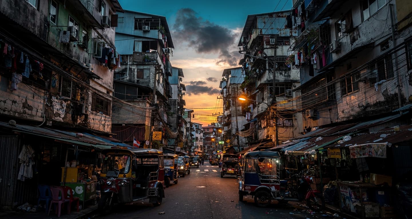 Dense residential buildings in Metro Manila, Philippines, at dusk