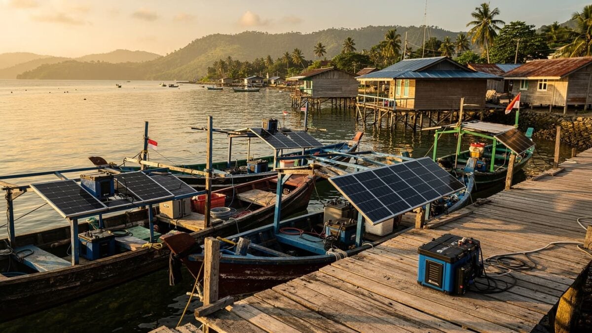 Solar panels powering fishing boats in Maluku, Indonesia