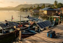Solar panels powering fishing boats in Maluku, Indonesia