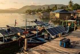 Solar panels powering fishing boats in Maluku, Indonesia