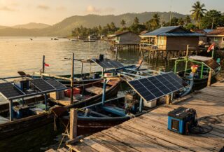 Solar panels powering fishing boats in Maluku, Indonesia