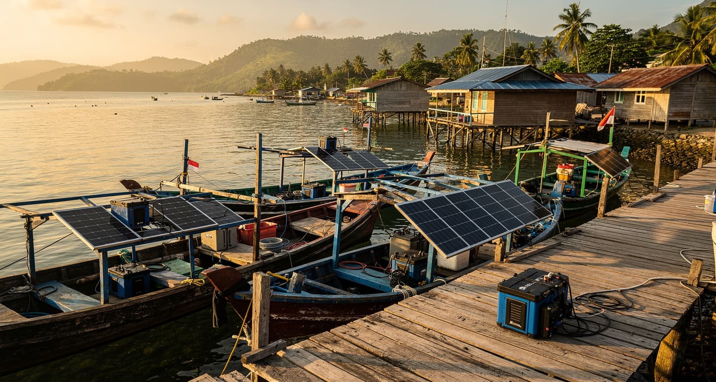 Solar panels powering fishing boats in Maluku, Indonesia