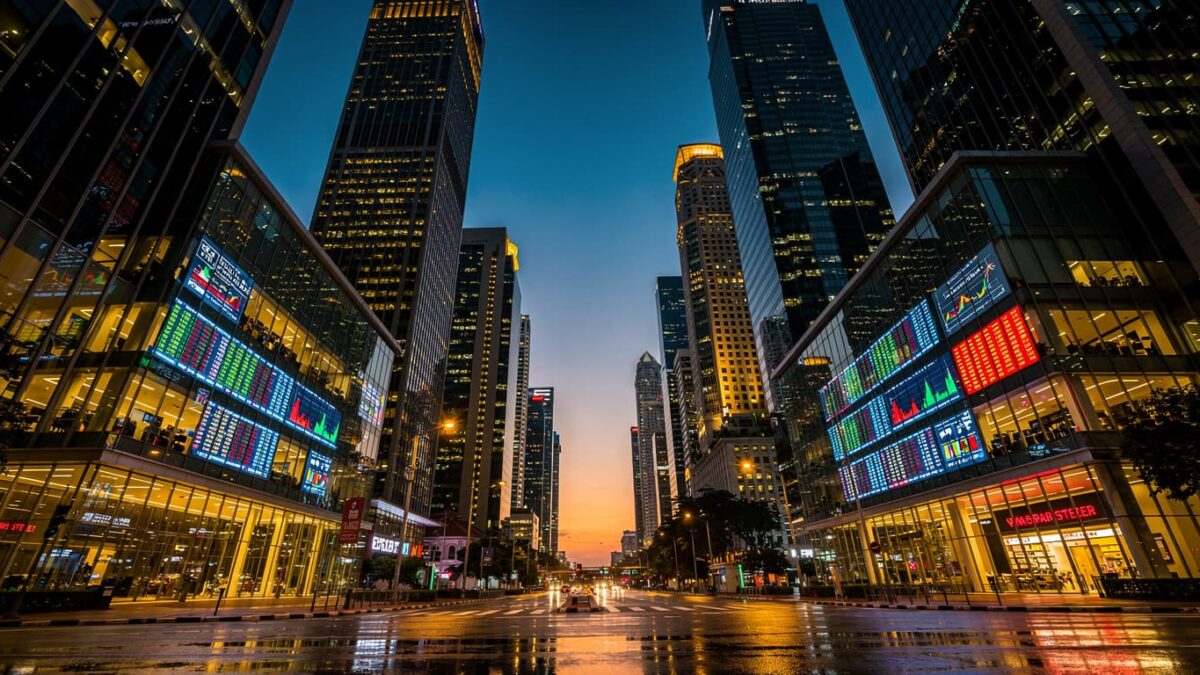 Singapore's financial district skyline at dusk, reflecting economic power