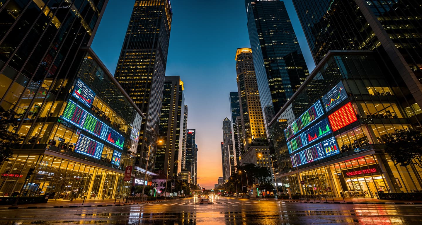 Singapore's financial district skyline at dusk, reflecting economic power