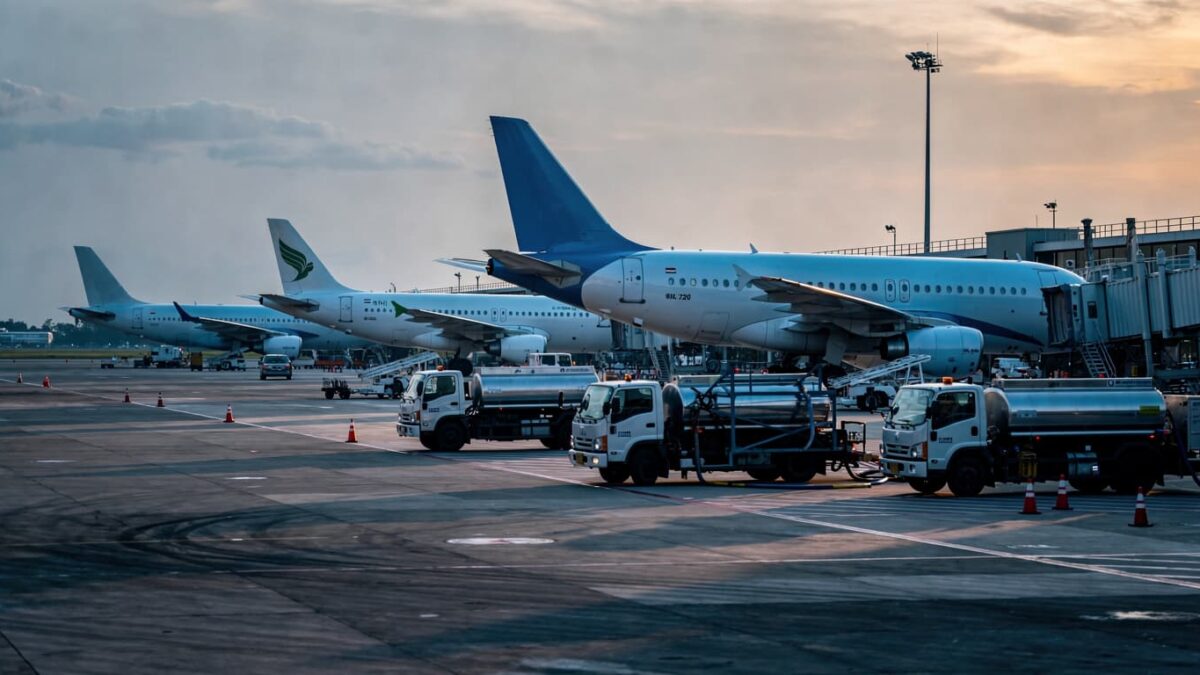 Jet planes and fuel trucks at a Southeast Asian airport