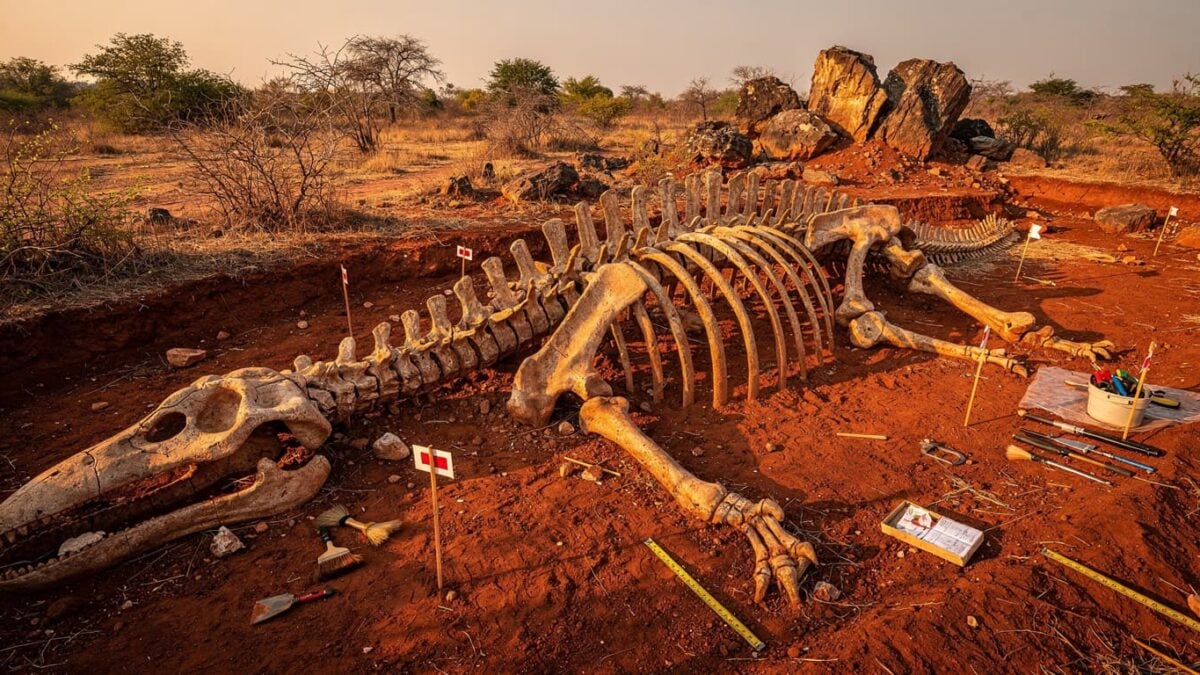 Partial fossil skeleton of a giant sauropod dinosaur in red earth, Thailand