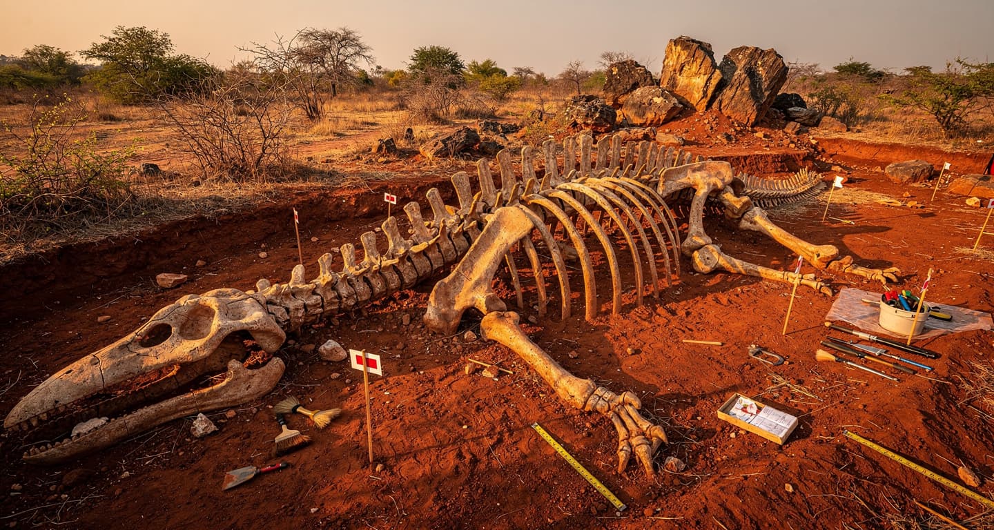 Partial fossil skeleton of a giant sauropod dinosaur in red earth, Thailand