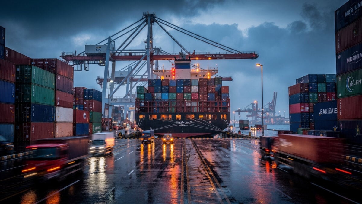 Container ships and cranes at Laem Chabang port, Thailand, at dusk