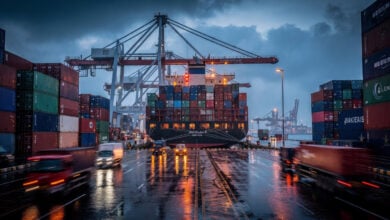 Container ships and cranes at Laem Chabang port, Thailand, at dusk