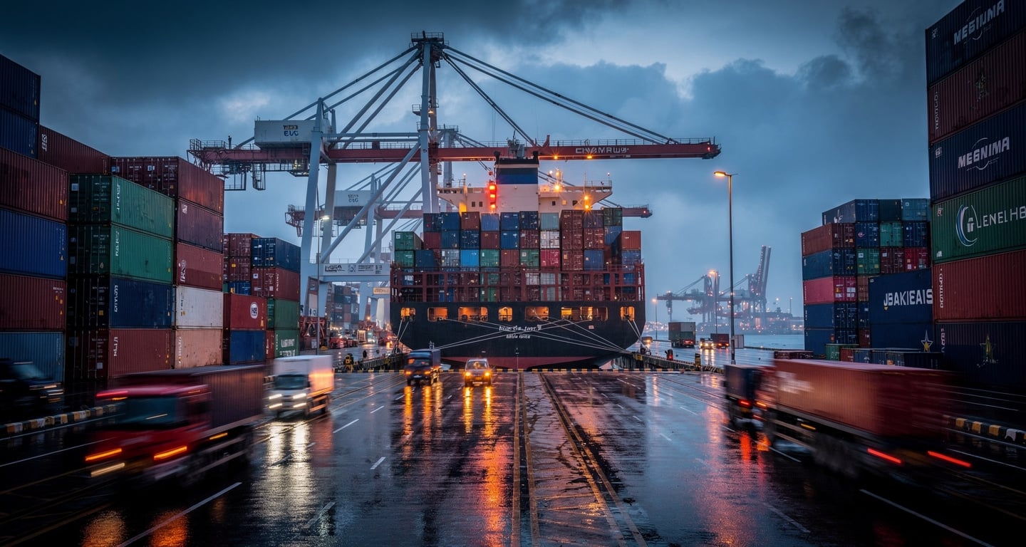 Container ships and cranes at Laem Chabang port, Thailand, at dusk