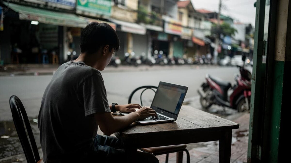 Young person with laptop in a cafe, Ho Chi Minh City