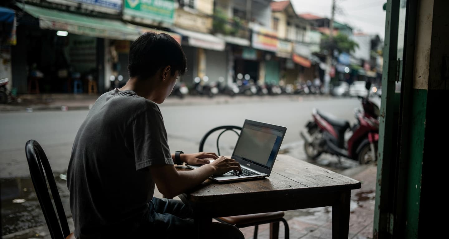 Young person with laptop in a cafe, Ho Chi Minh City