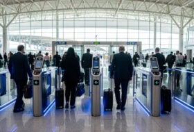 Automated immigration gates at Singapore Changi Airport, modern checkpoint with blue lighting and efficient passenger flow