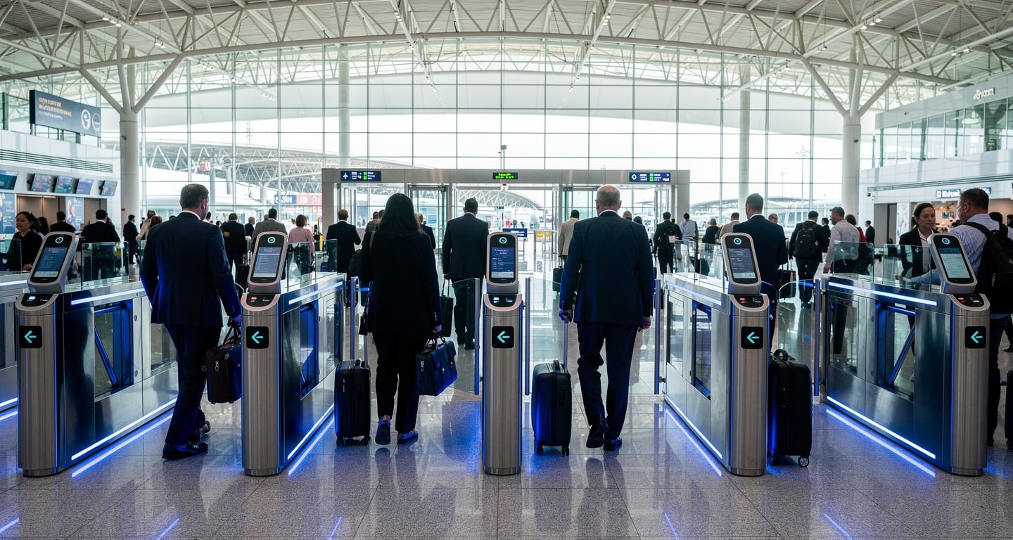 Automated immigration gates at Singapore Changi Airport, modern checkpoint with blue lighting and efficient passenger flow