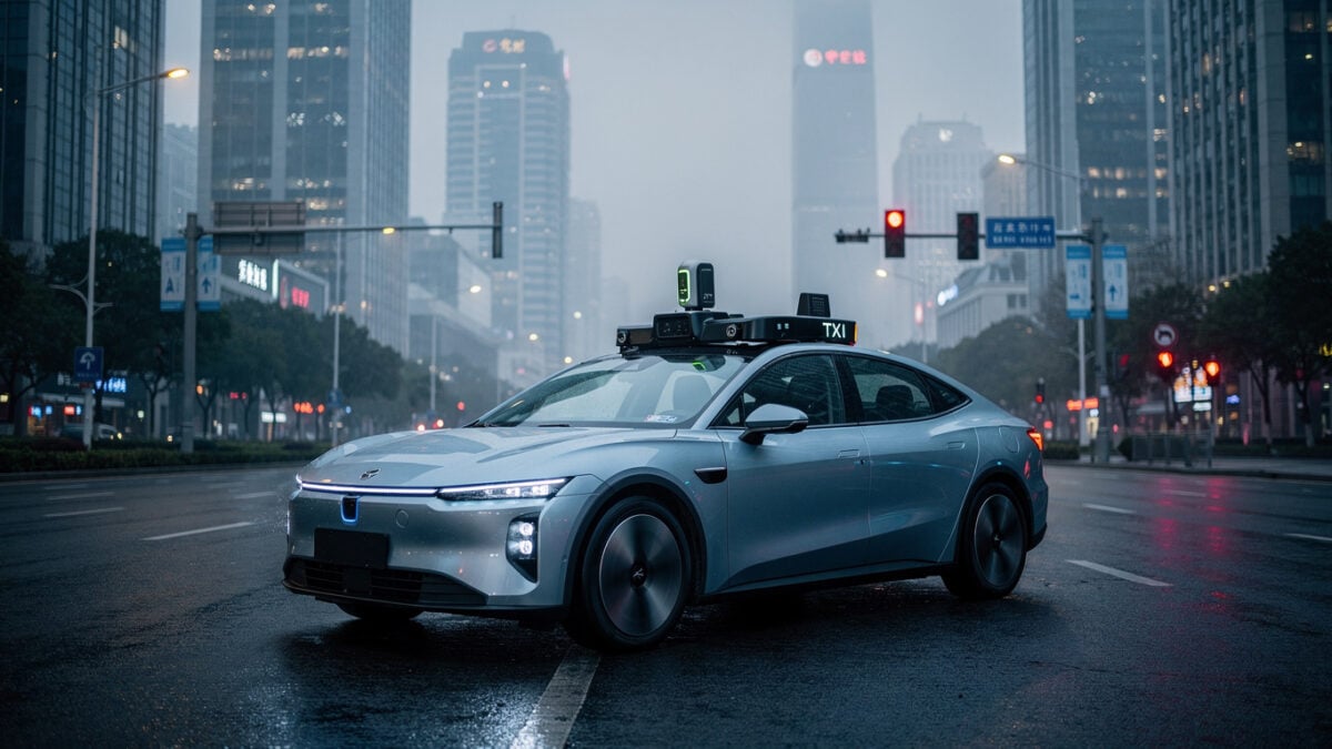 Autonomous robotaxi on urban street, Beijing, sensor array visible, dusk lighting