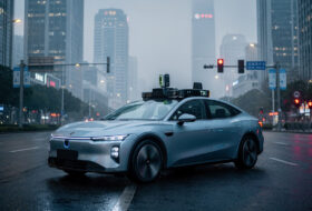 Autonomous robotaxi on urban street, Beijing, sensor array visible, dusk lighting