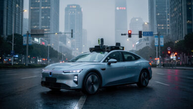Autonomous robotaxi on urban street, Beijing, sensor array visible, dusk lighting