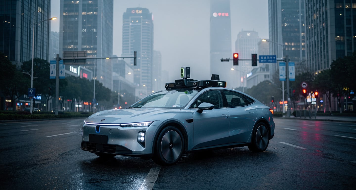 Autonomous robotaxi on urban street, Beijing, sensor array visible, dusk lighting
