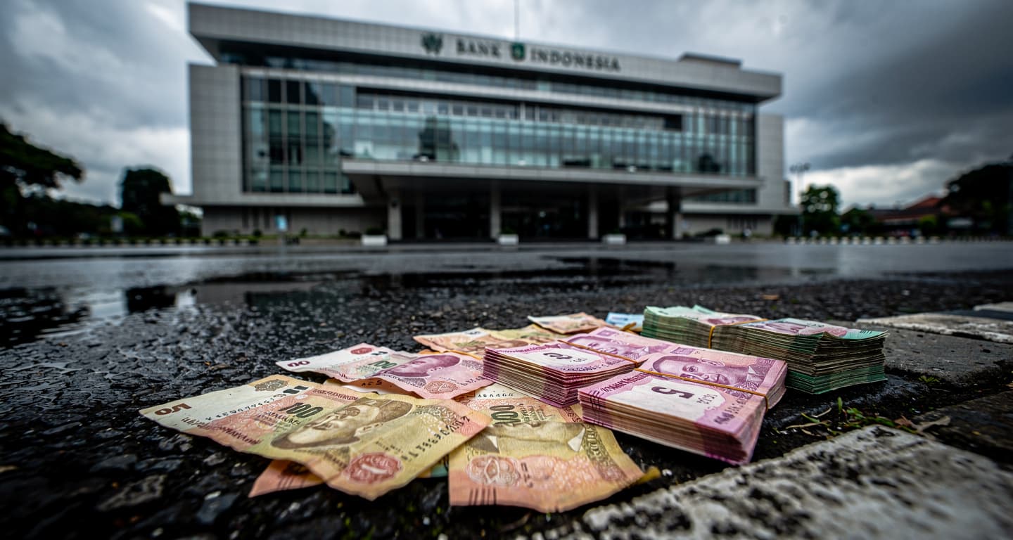 Bank Indonesia building with rupiah currency in foreground, Jakarta