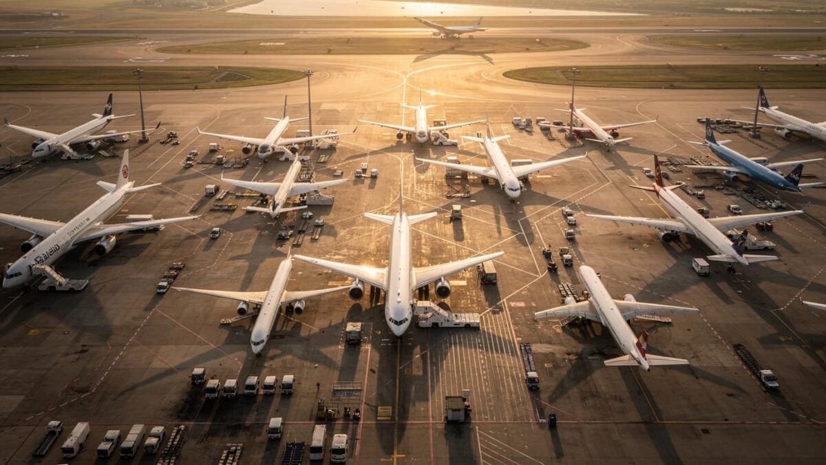 Busy airport tarmac in Seoul, South Korea, with commercial airliners at golden hour