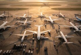 Busy airport tarmac in Seoul, South Korea, with commercial airliners at golden hour