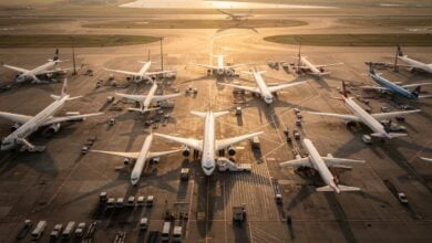 Busy airport tarmac in Seoul, South Korea, with commercial airliners at golden hour