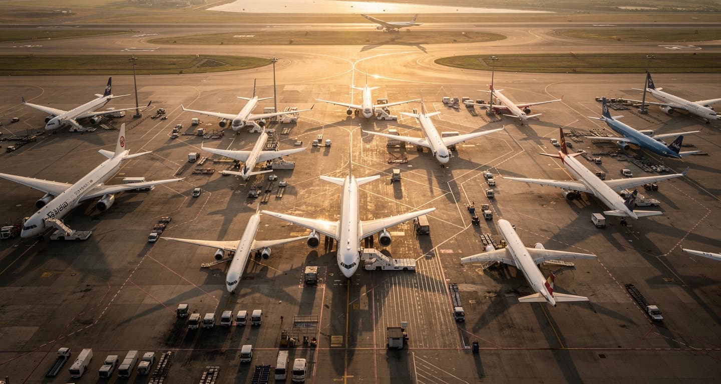 Busy airport tarmac in Seoul, South Korea, with commercial airliners at golden hour